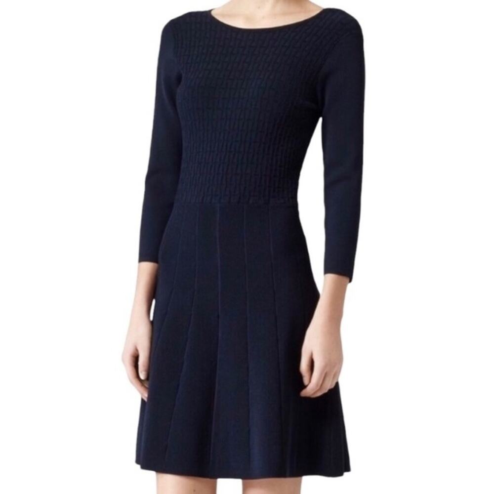 Reiss Jambo Fit Flare Knitted Stretch Navy Blue Dress 3/4ths Sleeve 6